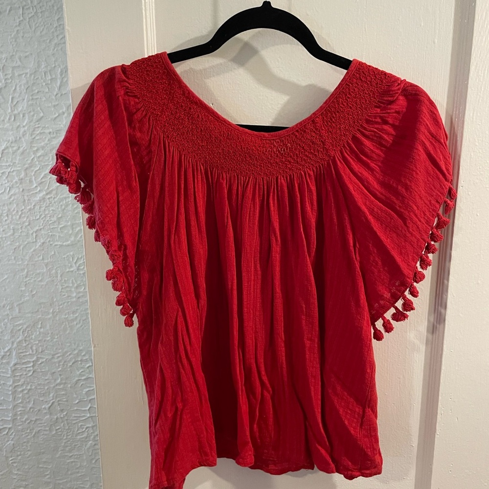 Moon River Red Blouse with Pom-Pom Trim